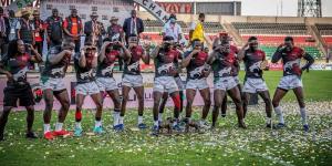 Shujaa players celebrate bagging the 2021 Safari Sevens title at the Nyayo National Stadium on October 31.