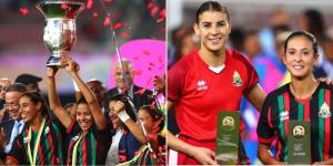 Collage image of AS FAR players lifting the 2022 CAF Women's African Champions League title and two of them posing with their individual awards. 