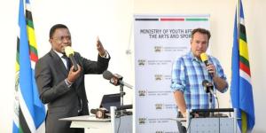 Collage image of Sports CS Ababu Namwamba (left) and veteran rally driver Carl Tundo (right) addressing stakeholders on February 20, 2023, in Nairobi. 