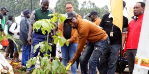 CS Ababu Namwamba plants a tree in Eldoret during the East African Mini Classic Safari Rally on December 10, 2022. 