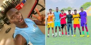 Collage image of Abraham Dawo posing for a photo inside a gym (left) and him (second from left) with his teammates. 