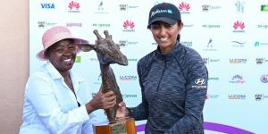 From left to right: First lady Rachel Ruto awards Indian golfer Aditi Ashok a trophy after her triumph at the 2023 Magical Kenya Ladies Open title on Sunday, February 5 in Kilifi County. 