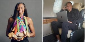 Collage image of ex-American sprinter Allyson Felix posing for a photo with some of the medals she won in her career (left) and her on a plane (right). 