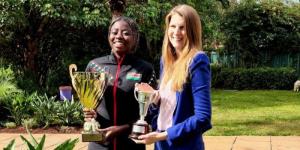 From left to right: Angella Okutoyi poses for a photo with British High Commissioner to Kenya Jane Marriott in Nairobi on October 4, 2022. 