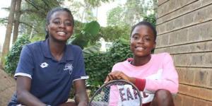 From left to right: Kenyan tennis sensation Angella Okutoyi poses for a photo alongside her twin sister Roselida Asumwa.
