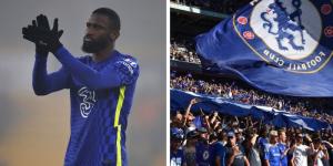 A collage image showing Antonio Rudiger (L) and Chelsea fans (R) in a past match at Stamford Bridge Stadium.