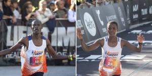 Collage image of George Onyancha (left) and Damaris Areba (right) celebrating their wins at the 2023 Miami Marathon on January 29 in the United States.
