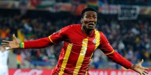 Ghanaian forward Asamoah Gyan celebrates scoring one of his goals at the 2010 FIFA World Cup edition held in South Africa.