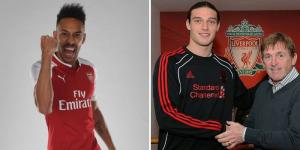 Collage image of former Arsenal signing Pierre-Emerick Aubameyang posing for a photo in 2018 (left) and ex-Liverpool forward Andy Carroll shaking hands with the club's legend Kenny Dalglish in 2011 (right).