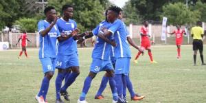 Bandari FC players celebrate a goal against Posta Rangers on January 4, 2022 at Mbaraki grounds in Mombasa. 
