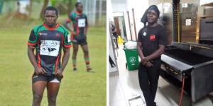 A collage image of Benedict Sakali posing for a photo in a past rugby match and while working at Big Square restaurant in Nairobi.