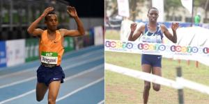 Collage image of Ethiopian runner Berihu Aregawi (L), and Kenyan athlete Grace Loibach (R) celebrating winning past races.