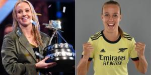 Collage image of Arsenal forward Beth Mead holding the BBC Sports Personality of the Year trophy (L) and posing for a photo (R).