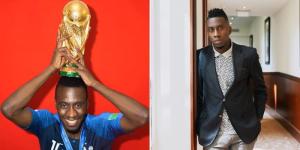 Collage of French footballer Blaise Matuidi holding the FIFA World Cup trophy (L), and him posing for a photo (R).
