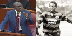 Collage image of Senator Boniface Khalwale (L) and former AFC Leopards forward Wilberforce Mulamba (R).