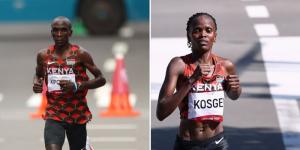 Collage image of marathon world record holders Eliud Kipchoge (left) and Brigid Kosgei (right). 