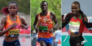 Collage image of Brigid Kosgei (left), Bredan Karoki (centre), and Vivian Cheruiyot (right). 