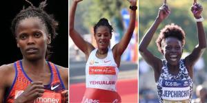 Collage image of Brigid Kosgei (left), Yalemzerf Yehualaw (centre) and Peres Jepchirchir (right). 