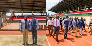 Collage image of Tharaka Nithi Governor Muthomi Njuki and CS Ababu Namwamba (left) and them alongside other stakeholders at the Kirubia Stadium on February 9, 2023.