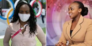 Collage image of BBC Sports Africa journalist Celestine Karoney posing for a photo in Japan in  2021 (left) and her inside a studio (right).