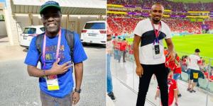 Collage image of Nation sub-editor Charles Nyende and Radio Africa Group journalist Eric Njiru posing for photos in Qatar during the 2022 FIFA World Cup tournament.