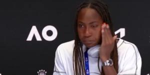 American tennis player Coco Gauff wipes off her tears during a post-match press conference at the 2023 Australian Open tennis tournament on January 22, in Melbourne, Australia.