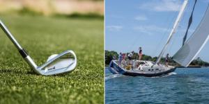 Collage image of Golf club (L) and a group of people Yachting (R).