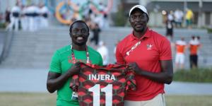 From left to right: Shujaa legends Collins Injera poses for a photo alongside his brother Humphrey Kayange on July 25, 2021 at the Olympic Village in Tokyo, Japan, 