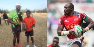 Collage image of Dan Sikuta presenting new boots to a young boy at the Nakuru Athletic Club (left) and him in action for the national team (right). 