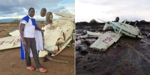Collage image of David Rudisha posing next to the light aircraft that crashed on Saturday, December 10, 2022 and the plane’s wreckage. 