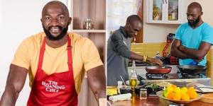 Collage image of former Kenyan rugby player Dennis Ombachi (L) and him teaching double Olympic champion Eliud Kipchoge how to cook.