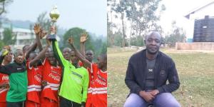 From left to right: Ebwali secondary school players celebrating winning the national schools games and the team's headcoach posing for a photo.