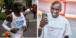 A collage image of Eliud Kipchoge in action at the 2022 BMW Berlin Marathon and posing for a photo.