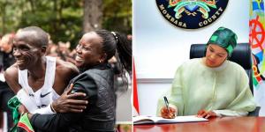 Collage image of Eliud Kipchoge and her wife Grace Sugutt at the Ineos 1:59 Challenge in Vienna, Austria in 2019 (left) and Culture and Heritage Principal Secretary signing a document in Mombasa on December 2022 (right). 