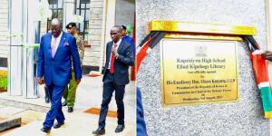Collage image of the late George Magoha and Eliud Kipchoge walking side by side (left) and a plaque used during the commissioning of the Eliud Kipchoge Library (right) on August 3, 2023. 