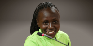 Vihiga Queens Captain Enez Mango at a past press conference