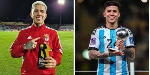 Former Benfica star Enzo Fernandez poses with the man of the match award on January 21, 2023 (left) and him with the FIFA young player award he received during the Qatar World Cup (right). 