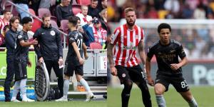 A collage image of Ethan Nwaneri coming on as a substitute (L) and playing against Brentford on September 18, 2022 at Brentford Community Stadium.