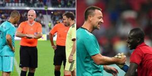 Collage image of FIFA President Gianni Infantino getting ready to start the match (L) and John Terry shaking hands with one of the workers on December 12, 2022 in Qatar.