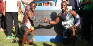 From left to right: Samwel Imeta poses for a photo with African 100m record holder Ferdinand Omanyala at the Nyayo National Stadium on Saturday, February 26, 2023, during the Athletics Kenya second track and field meeting. 