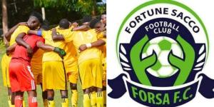 Collage image of Fortune Sacco FC players praying (left) and the club's logo (right). 