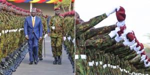 Collage image of president William Ruto inspecting a guard of honour (L), and the graduates performing a ceremonial act (R) at the Embakasi Training College on January 12, 2023. 