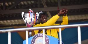 Governor Johnson Sakaja celebrates Nairobi County's win during the final day of the 2023 KICOSCA Games on Saturday, January 21 in Kisumu. 
