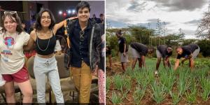 Collage image of Grauer School students posing for a photo in the United States (left) and their counterparts from Daraja Academy tending to crops (right). 