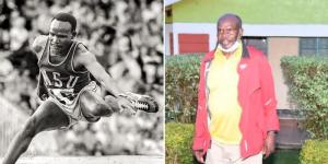 Collage image of Henry Rono taking part in a past race (left) and him posing for a photo outside his house in Nandi County on April 7, 2021 (right).