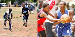 A collage image of high school students competing in hockey (L) and Volleyball (R) in a past KSSSA national games.