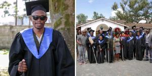 Collage of Martin Imbalambala posing for a photo after graduating (L) and him with his fellow graduates at the Kenya Society for the Blind (R).