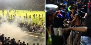 A collage image showing fans some fans invading the pitch (L) and an injured individual being ferried to safety (R) on October 1, 2022 in Indonesia.
