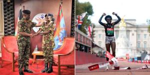 Joyciline Jepkosgei greets general Robert Kibochi (L) and the athlete celebrates winning the 2021 London Marathon edition.