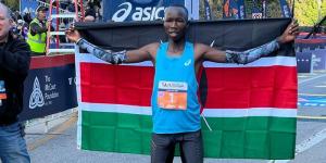 John Kipkosgei Korir celebrating his win at the Los Angeles Marathon on March 20, 2022 in the United States.